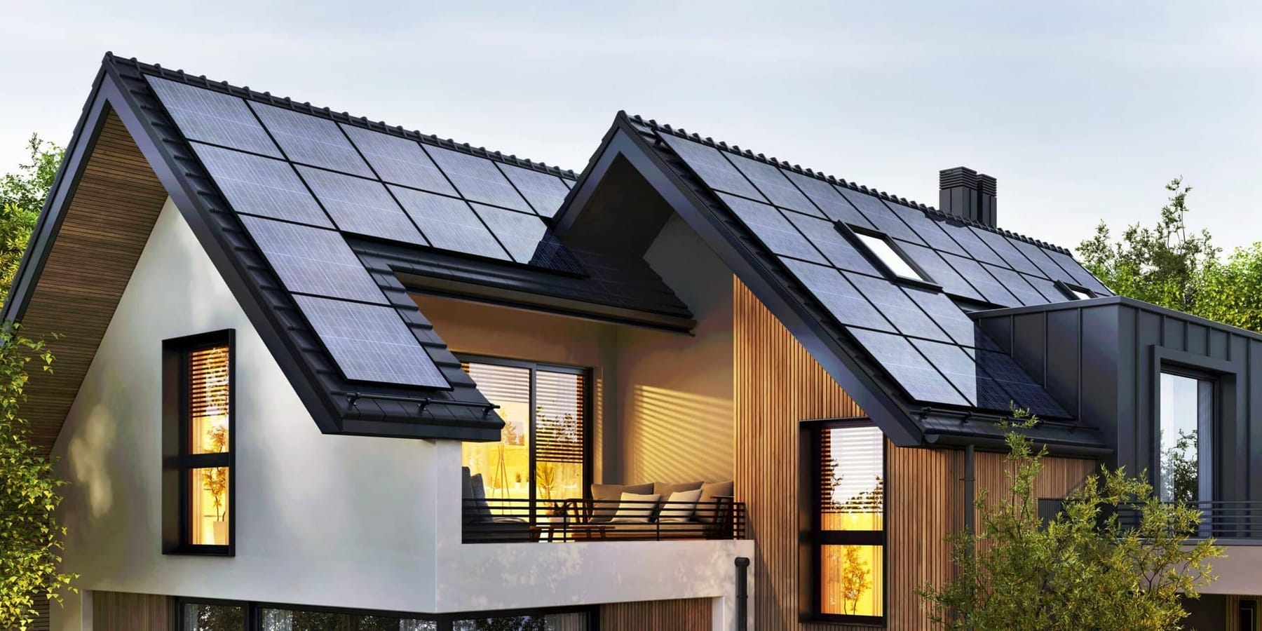 Modernes Einfamilienhaus mit Photovoltaikanlage auf dem Dach